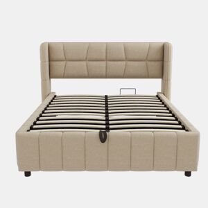 Cama estofada 140x200 cm - com encosto, arrumação hidráulica-pneumática, estrutura em linho - Bege