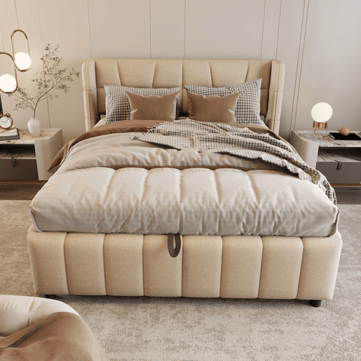 Cama estofada 140x200 cm - com encosto, arrumação hidráulica-pneumática, estrutura em linho - Bege
