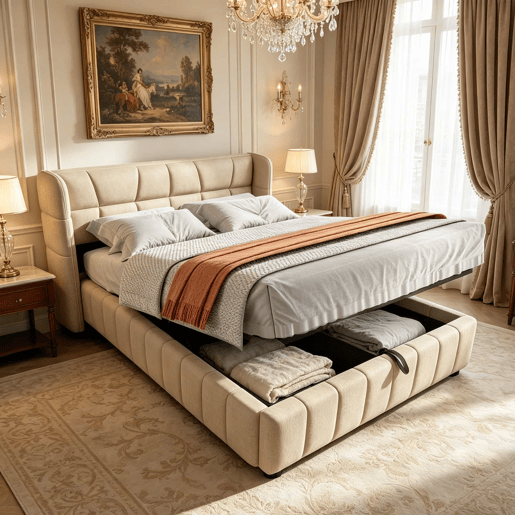 Cama estofada 140x200 cm - com encosto, arrumação hidráulica-pneumática, estrutura em linho - Bege