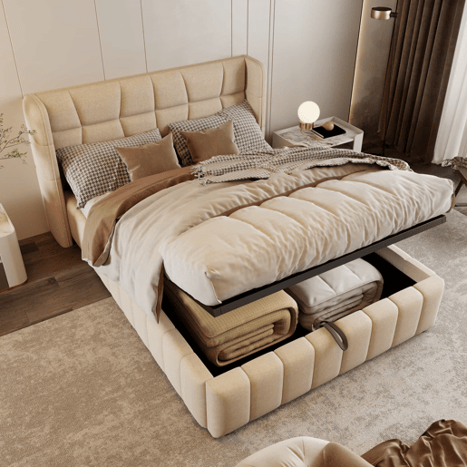 Cama estofada 140x200 cm - com encosto, arrumação hidráulica-pneumática, estrutura em linho - Bege