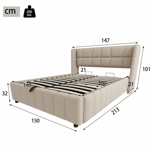 Cama estofada 140x200 cm - com encosto, arrumação hidráulica-pneumática, estrutura em linho - Bege