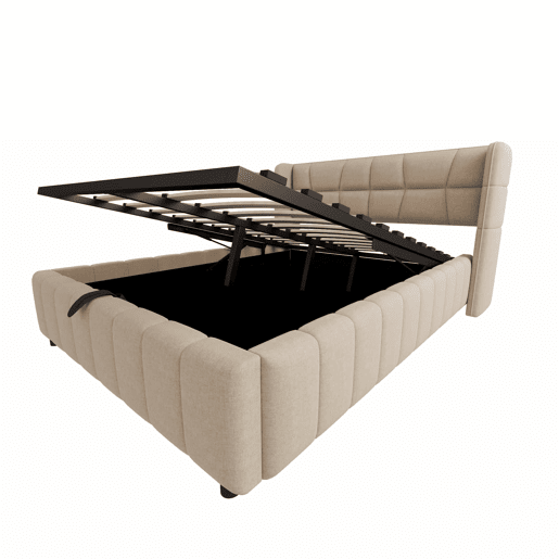 Cama estofada 140x200 cm - com encosto, arrumação hidráulica-pneumática, estrutura em linho - Bege