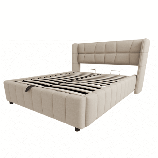 Cama estofada 140x200 cm - com encosto, arrumação hidráulica-pneumática, estrutura em linho - Bege