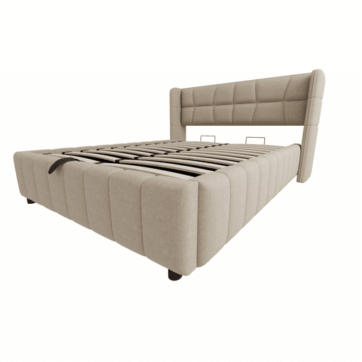 Cama estofada 140x200 cm - com encosto, arrumação hidráulica-pneumática, estrutura em linho - Bege