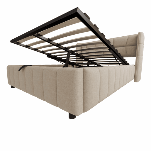 Cama estofada 140x200 cm - com encosto, arrumação hidráulica-pneumática, estrutura em linho - Bege