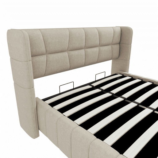 Cama estofada 140x200 cm - com encosto, arrumação hidráulica-pneumática, estrutura em linho - Bege