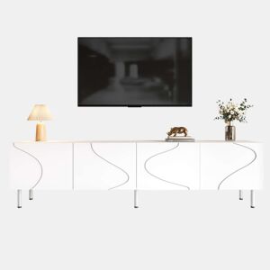 Móvel de TV tipo lowboard de 180 cm - linhas curvas tridimensionais, 4 portas com abertura por pressão, PB e MDF, pés metálicos - Branco