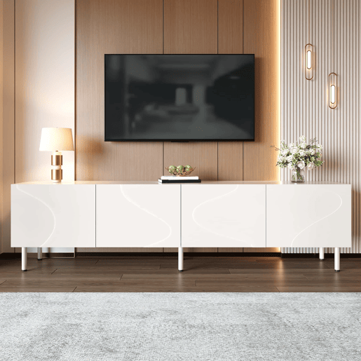 Móvel de TV tipo lowboard de 180 cm - linhas curvas tridimensionais, 4 portas com abertura por pressão, PB e MDF, pés metálicos - Branco Móvel de TV tipo lowboard de 180 cm - linhas curvas tridimensionais, 4 portas com abertura por pressão, PB e MDF, pés metálicos - Branco