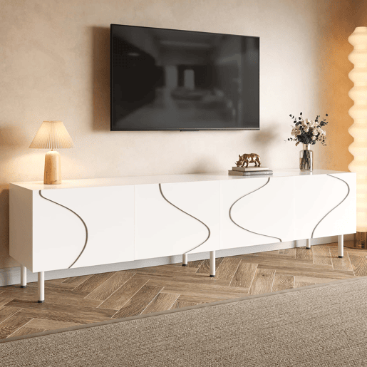 Móvel de TV tipo lowboard de 180 cm - linhas curvas tridimensionais, 4 portas com abertura por pressão, PB e MDF, pés metálicos - Branco Móvel de TV tipo lowboard de 180 cm - linhas curvas tridimensionais, 4 portas com abertura por pressão, PB e MDF, pés metálicos - Branco