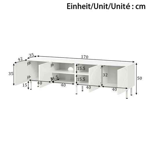 Móvel de TV tipo lowboard de 180 cm - linhas curvas tridimensionais, 4 portas com abertura por pressão, PB e MDF, pés metálicos - Branco Móvel de TV tipo lowboard de 180 cm - linhas curvas tridimensionais, 4 portas com abertura por pressão, PB e MDF, pés metálicos - Branco
