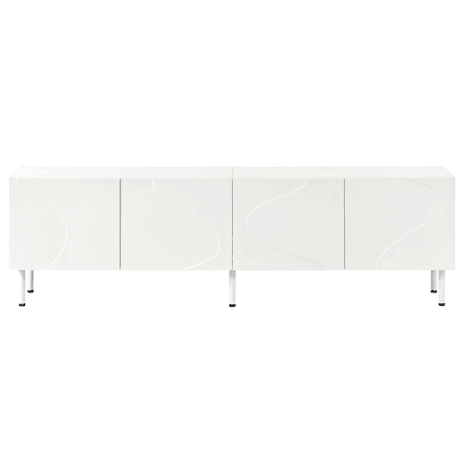 Móvel de TV tipo lowboard de 180 cm - linhas curvas tridimensionais, 4 portas com abertura por pressão, PB e MDF, pés metálicos - Branco Móvel de TV tipo lowboard de 180 cm - linhas curvas tridimensionais, 4 portas com abertura por pressão, PB e MDF, pés metálicos - Branco