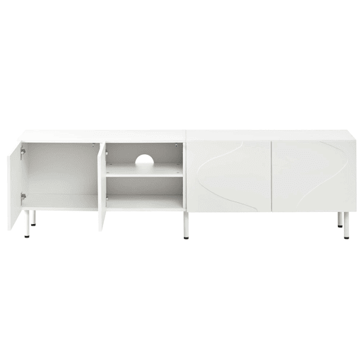 Móvel de TV tipo lowboard de 180 cm - linhas curvas tridimensionais, 4 portas com abertura por pressão, PB e MDF, pés metálicos - Branco Móvel de TV tipo lowboard de 180 cm - linhas curvas tridimensionais, 4 portas com abertura por pressão, PB e MDF, pés metálicos - Branco