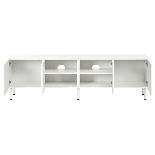 Móvel de TV tipo lowboard de 180 cm - linhas curvas tridimensionais, 4 portas com abertura por pressão, PB e MDF, pés metálicos - Branco Móvel de TV tipo lowboard de 180 cm - linhas curvas tridimensionais, 4 portas com abertura por pressão, PB e MDF, pés metálicos - Branco