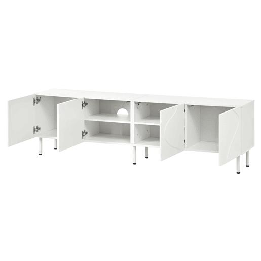 Móvel de TV tipo lowboard de 180 cm - linhas curvas tridimensionais, 4 portas com abertura por pressão, PB e MDF, pés metálicos - Branco Móvel de TV tipo lowboard de 180 cm - linhas curvas tridimensionais, 4 portas com abertura por pressão, PB e MDF, pés metálicos - Branco