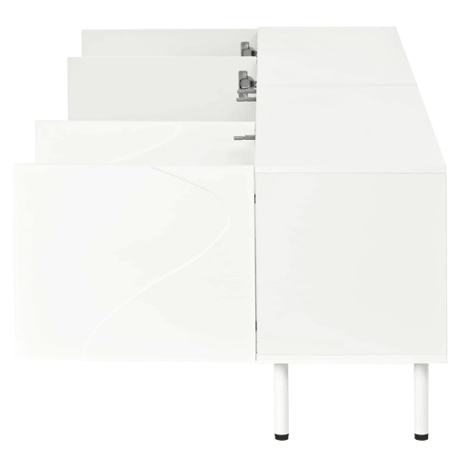 Móvel de TV tipo lowboard de 180 cm - linhas curvas tridimensionais, 4 portas com abertura por pressão, PB e MDF, pés metálicos - Branco Móvel de TV tipo lowboard de 180 cm - linhas curvas tridimensionais, 4 portas com abertura por pressão, PB e MDF, pés metálicos - Branco