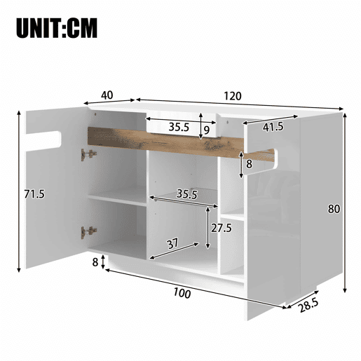 Aparador LED 120 x 40 x 80 cm u2014 com 4 prateleiras, 2 compartimentos abertos, frentes brilhantes u2014 branco e madeira natural Aparador LED 120 x 40 x 80 cm u2014 com 4 prateleiras, 2 compartimentos abertos, frentes brilhantes u2014 branco e madeira natural