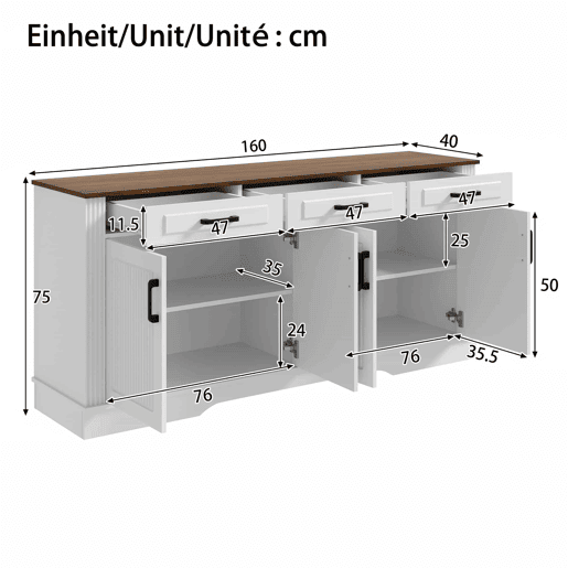 Aparador de sala de estar de 160 cm - 3 gavetas e 4 portas com padrĂ£o de riscas verticais em 3D - branco Aparador de sala de estar de 160 cm - 3 gavetas e 4 portas com padrĂ£o de riscas verticais em 3D - branco