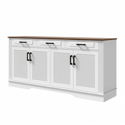 Aparador de sala de estar de 160 cm - 3 gavetas e 4 portas com padrĂ£o de riscas verticais em 3D - branco Aparador de sala de estar de 160 cm - 3 gavetas e 4 portas com padrĂ£o de riscas verticais em 3D - branco