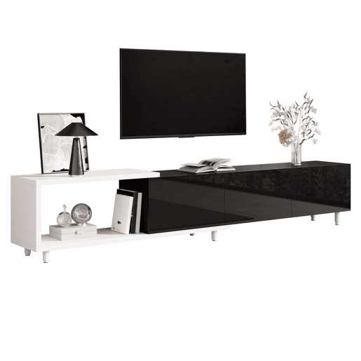 Móvel de TV extensível - 3 portas de alto brilho, pés metálicos, dobradiças silenciosas, design moderno, espaço de arrumação - preto, branco