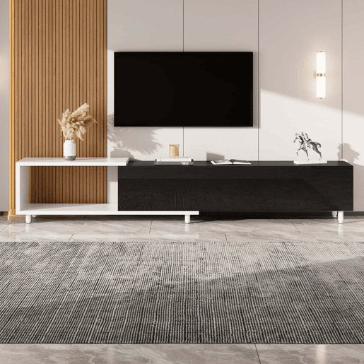 Móvel de TV extensível - 3 portas de alto brilho, pés metálicos, dobradiças silenciosas, design moderno, espaço de arrumação - preto, branco