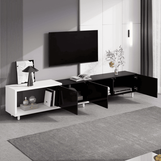 Móvel de TV extensível - 3 portas de alto brilho, pés metálicos, dobradiças silenciosas, design moderno, espaço de arrumação - preto, branco