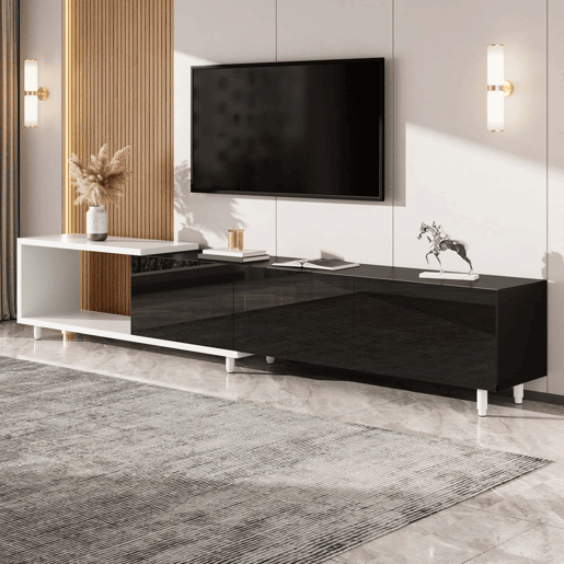 Móvel de TV extensível - 3 portas de alto brilho, pés metálicos, dobradiças silenciosas, design moderno, espaço de arrumação - preto, branco