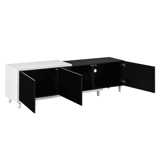 Móvel de TV extensível - 3 portas de alto brilho, pés metálicos, dobradiças silenciosas, design moderno, espaço de arrumação - preto, branco