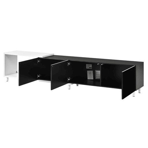 Móvel de TV extensível - 3 portas de alto brilho, pés metálicos, dobradiças silenciosas, design moderno, espaço de arrumação - preto, branco