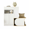 Armário com banco 130 x 35 x 110,5 cm u2013 5 portas, 1 gaveta, prateleira aberta e grande capacidade de arrumação u2013 Branco e madeira natural