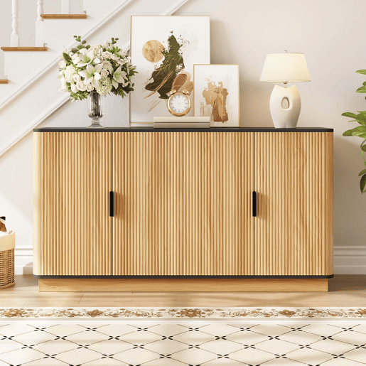 Aparador de 4 portas - relevo canelado vertical, estilo madeira, armário para sala de estar, corredor e sala de jantar, grande capacidade de arrumação - natural Aparador de 4 portas - relevo canelado vertical, estilo madeira, armário para sala de estar, corredor e sala de jantar, grande capacidade de arrumação - natural