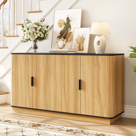 Aparador de 4 portas - relevo canelado vertical, estilo madeira, armário para sala de estar, corredor e sala de jantar, grande capacidade de arrumação - natural Aparador de 4 portas - relevo canelado vertical, estilo madeira, armário para sala de estar, corredor e sala de jantar, grande capacidade de arrumação - natural