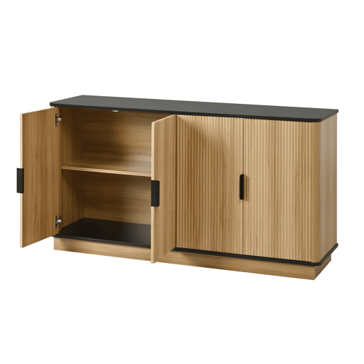 Aparador de 4 portas - relevo canelado vertical, estilo madeira, armário para sala de estar, corredor e sala de jantar, grande capacidade de arrumação - natural Aparador de 4 portas - relevo canelado vertical, estilo madeira, armário para sala de estar, corredor e sala de jantar, grande capacidade de arrumação - natural