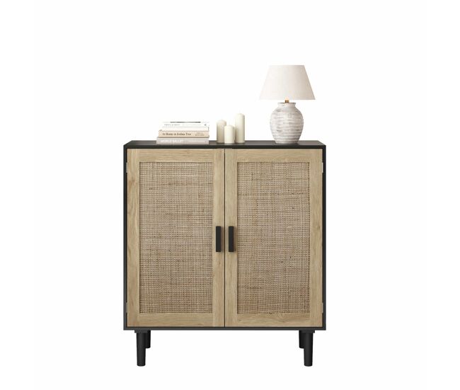 Armario de almacenamiento de ratán de dos puertas 80 cm - para salón comedor recibidor - negro