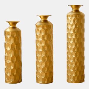 Vasos de chão metálicos 506585 cm - conjunto de 3 peças com padrão em forma de favo de mel, estilo moderno e decorativo para a sala de estar e a entrada - dourado