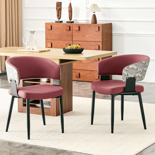 Cadeiras de jantar (2 unidades) u2013 estilo Mid-Century moderno, cadeiras retro com braços arredondados e encosto estampado, estofadas em couro sintético u2013 vermelho