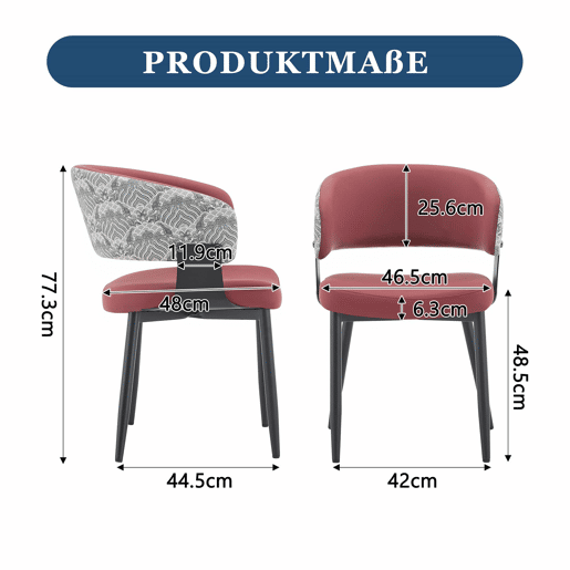 Cadeiras de jantar (2 unidades) u2013 estilo Mid-Century moderno, cadeiras retro com braços arredondados e encosto estampado, estofadas em couro sintético u2013 vermelho
