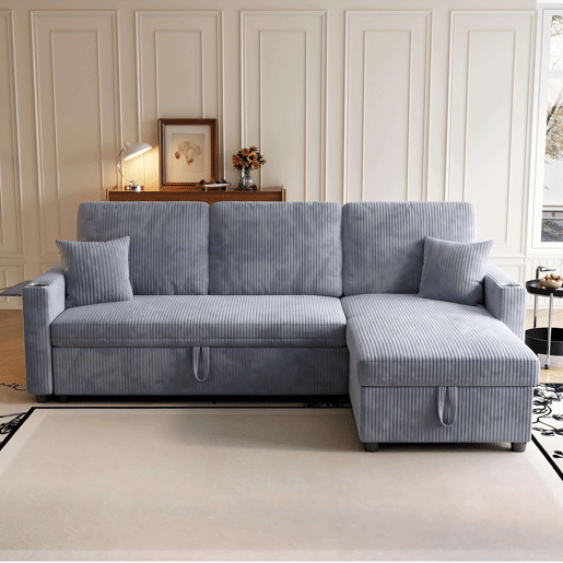 Sofá-cama de canto L de 3 lugares - modular, com arrumação e chaise longue - cinzento Sofá-cama de canto L de 3 lugares - modular, com arrumação e chaise longue - cinzento