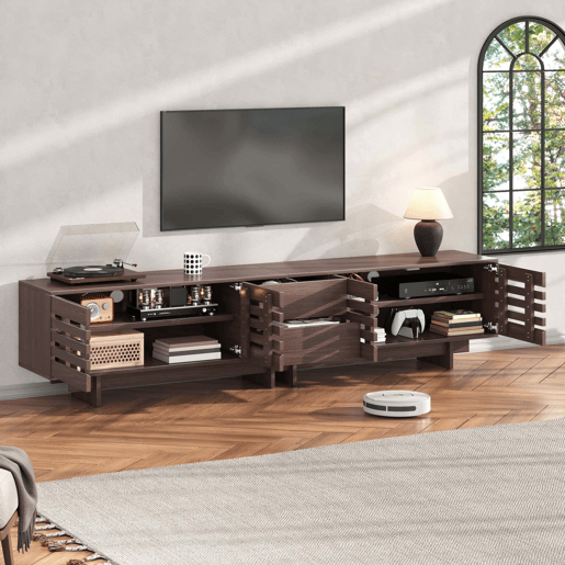 Móvel de TV moderno 200 x 39,5 x 55 cm u2013 para televisores até 80 polegadas, 4 portas basculantes, 2 gavetas, 6 compartimentos de arrumação, sala de estar e quarto u2013 cor de nogueira