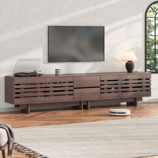 Móvel de TV moderno 200 x 39,5 x 55 cm u2013 para televisores até 80 polegadas, 4 portas basculantes, 2 gavetas, 6 compartimentos de arrumação, sala de estar e quarto u2013 cor de nogueira