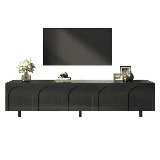 Móvel baixo para televisão - 5 portas, pés metálicos, PB e MDF, design moderno - Preto