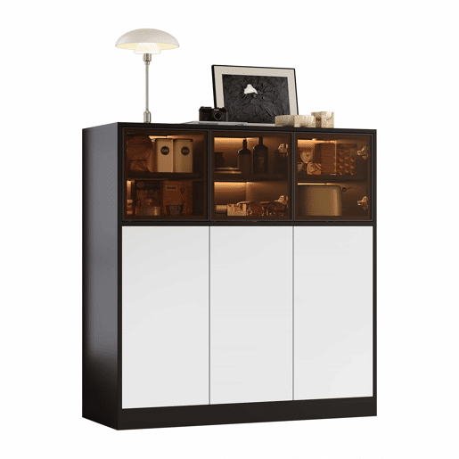 Aparador 100 x 40 x 105 cm - 3 portas de vidro, 3 portas brancas, com iluminação, armário de arrumação multifuncional - Preto e branco Aparador 100 x 40 x 105 cm - 3 portas de vidro, 3 portas brancas, com iluminação, armário de arrumação multifuncional - Preto e branco