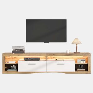 Móvel para TV 180 x 35,5 x 50 cm - Controlo LED por aplicação, 2 gavetas, 4 compartimentos abertos, aglomerado de madeira, 30 kg, 75 polegadas - natural e branco