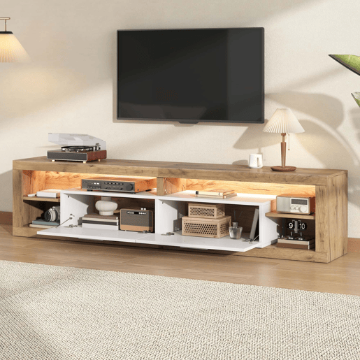Móvel para TV 180 x 35,5 x 50 cm - Controlo LED por aplicação, 2 gavetas, 4 compartimentos abertos, aglomerado de madeira, 30 kg, 75 polegadas - natural e branco Móvel para TV 180 x 35,5 x 50 cm - Controlo LED por aplicação, 2 gavetas, 4 compartimentos abertos, aglomerado de madeira, 30 kg, 75 polegadas - natural e branco