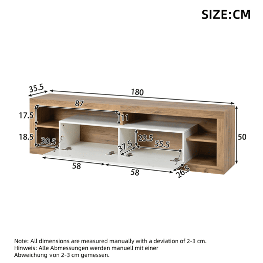 Móvel para TV 180 x 35,5 x 50 cm - Controlo LED por aplicação, 2 gavetas, 4 compartimentos abertos, aglomerado de madeira, 30 kg, 75 polegadas - natural e branco Móvel para TV 180 x 35,5 x 50 cm - Controlo LED por aplicação, 2 gavetas, 4 compartimentos abertos, aglomerado de madeira, 30 kg, 75 polegadas - natural e branco