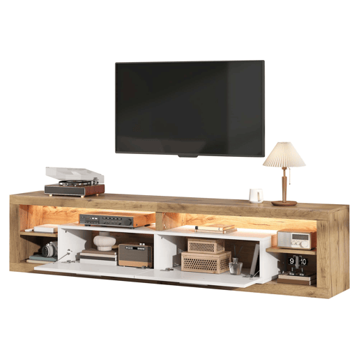 Móvel para TV 180 x 35,5 x 50 cm - Controlo LED por aplicação, 2 gavetas, 4 compartimentos abertos, aglomerado de madeira, 30 kg, 75 polegadas - natural e branco Móvel para TV 180 x 35,5 x 50 cm - Controlo LED por aplicação, 2 gavetas, 4 compartimentos abertos, aglomerado de madeira, 30 kg, 75 polegadas - natural e branco