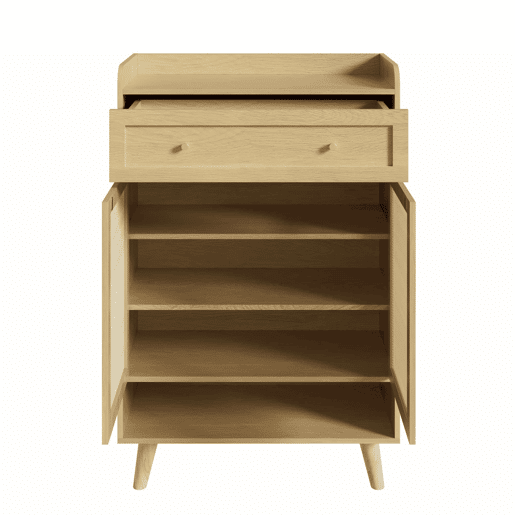 Armário 80 x 105 x 35 cm u2014 com 2 portas de rattan, 4 prateleiras, 1 gaveta e prateleira superior aberta u2014 Carvalho claro Armário 80 x 105 x 35 cm u2014 com 2 portas de rattan, 4 prateleiras, 1 gaveta e prateleira superior aberta u2014 Carvalho claro