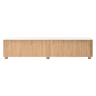 Móvel de TV tipo lowboard sem dimensões específicas - 4 portas, relevo arqueado, pés metálicos, moderno - Natural e branco