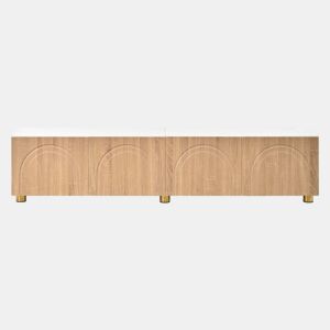 Móvel de TV tipo lowboard sem dimensões específicas - 4 portas, relevo arqueado, pés metálicos, moderno - Natural e branco