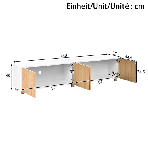 Móvel de TV tipo lowboard sem dimensões específicas - 4 portas, relevo arqueado, pés metálicos, moderno - Natural e branco Móvel de TV tipo lowboard sem dimensões específicas - 4 portas, relevo arqueado, pés metálicos, moderno - Natural e branco