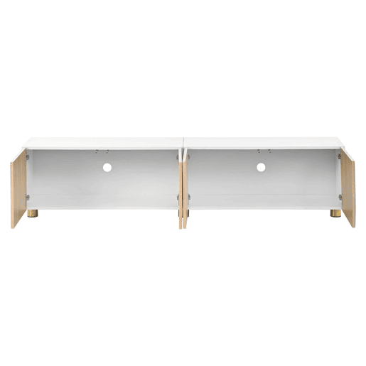 Móvel de TV tipo lowboard sem dimensões específicas - 4 portas, relevo arqueado, pés metálicos, moderno - Natural e branco Móvel de TV tipo lowboard sem dimensões específicas - 4 portas, relevo arqueado, pés metálicos, moderno - Natural e branco